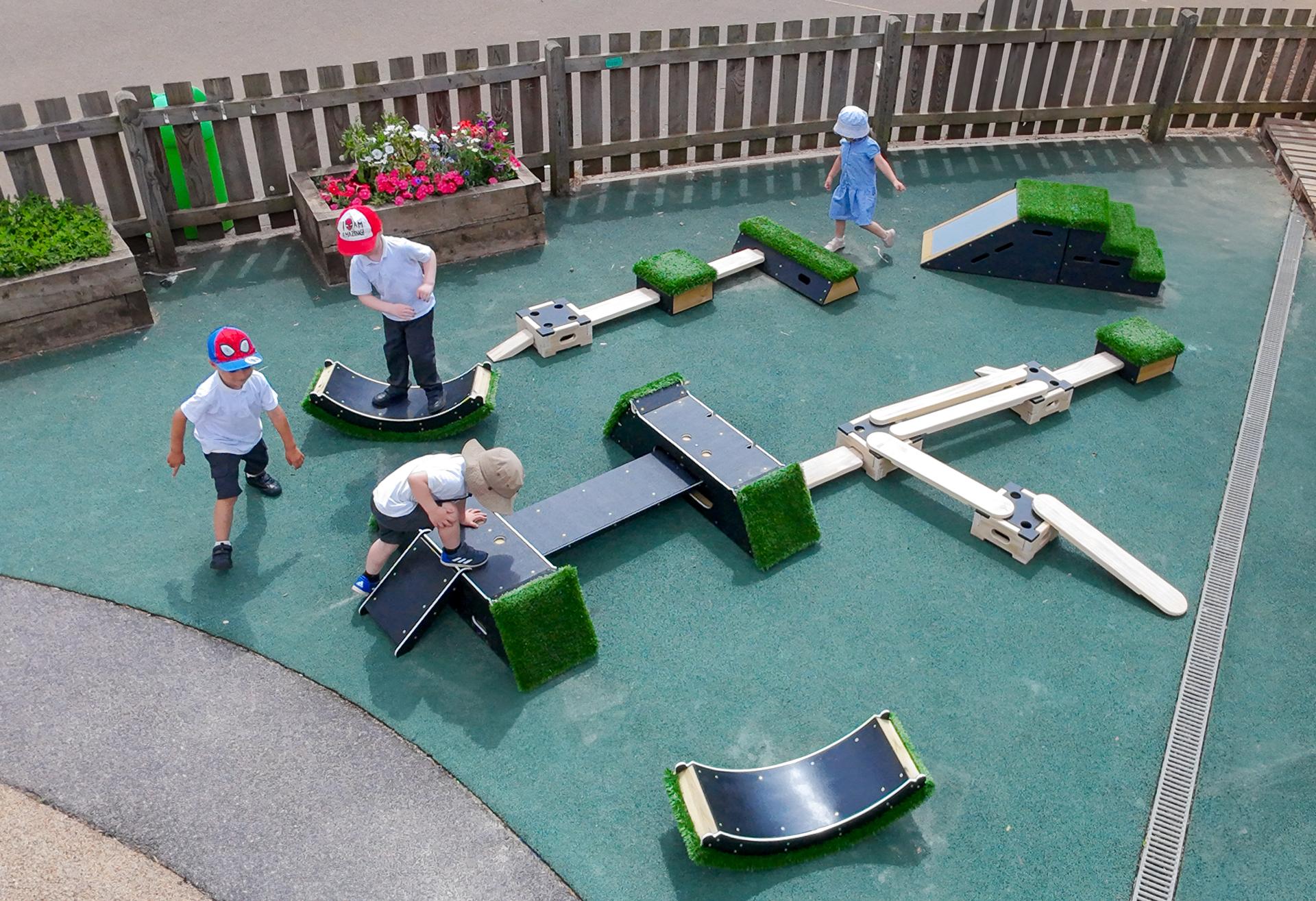 A birds-eye image showing EYFS children playing on the different peices of equipment that make up the Sports Premium Fundamental Balance and Coordination Package