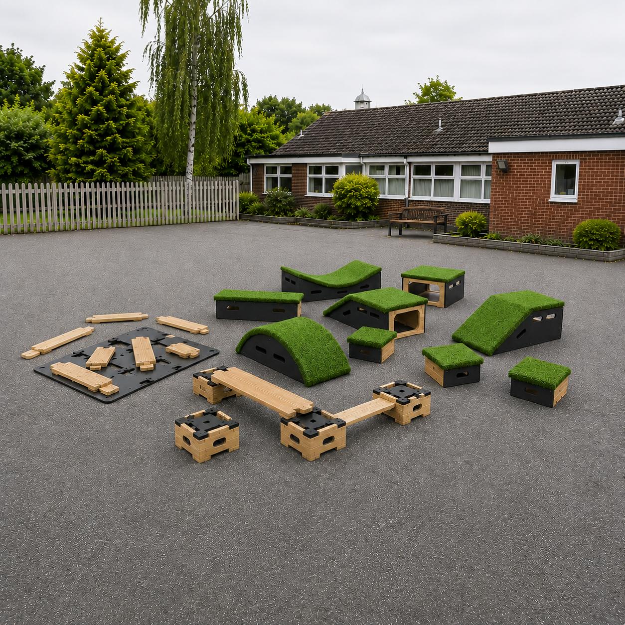 A render image of the Sports Premium Adventurer Package showing all the pieces included, placed on a school playground.