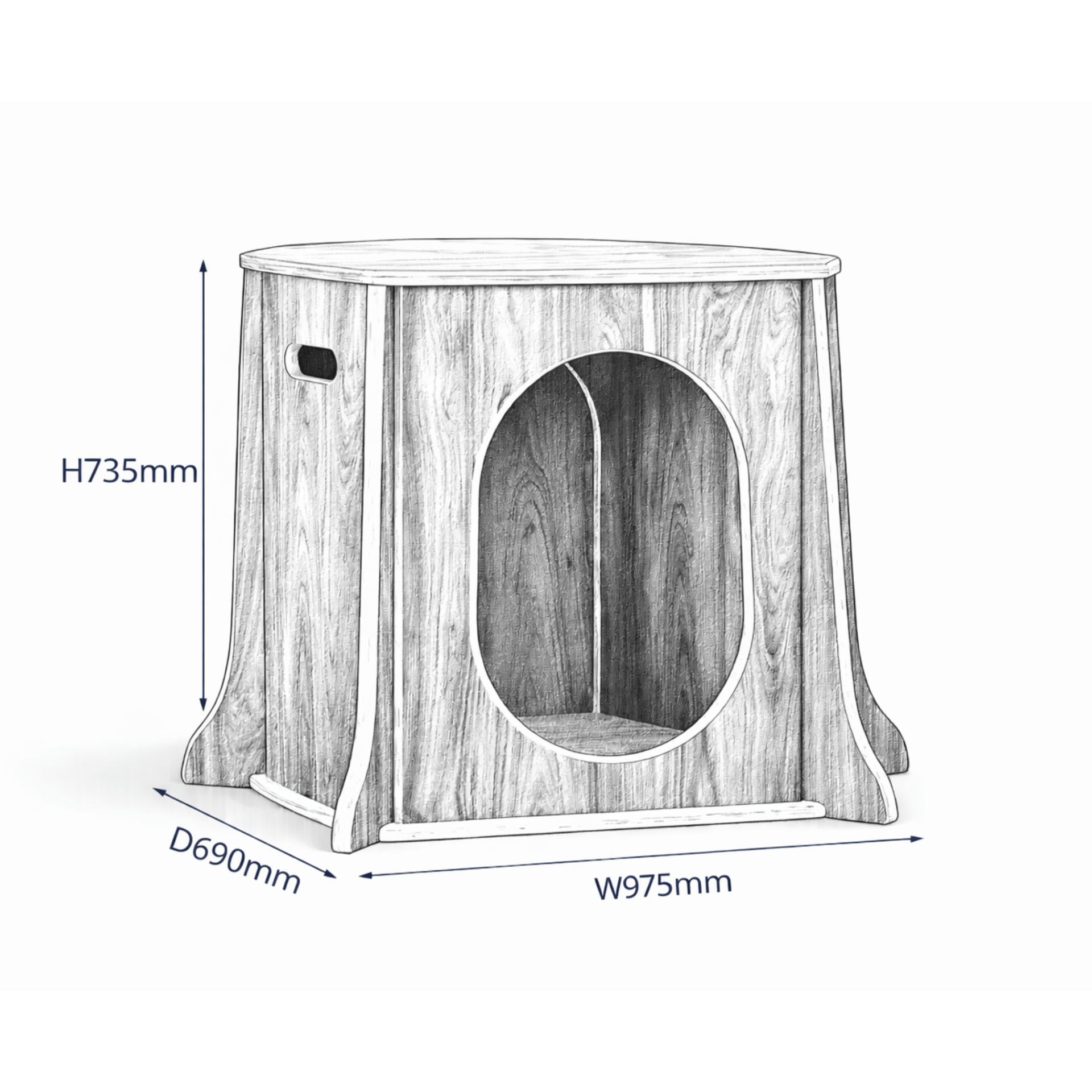 A 2D drawing of the Millhouse Tree Hollow Retreat, with the relevant measurements listed on the image.