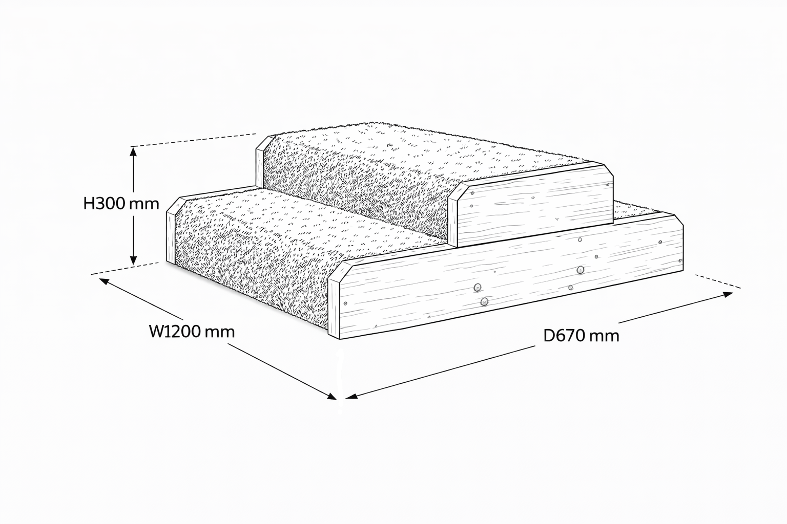 A 2D drawing of the Millhouse Under 2s Step 'n' Crawl, with measurements being shown near it.