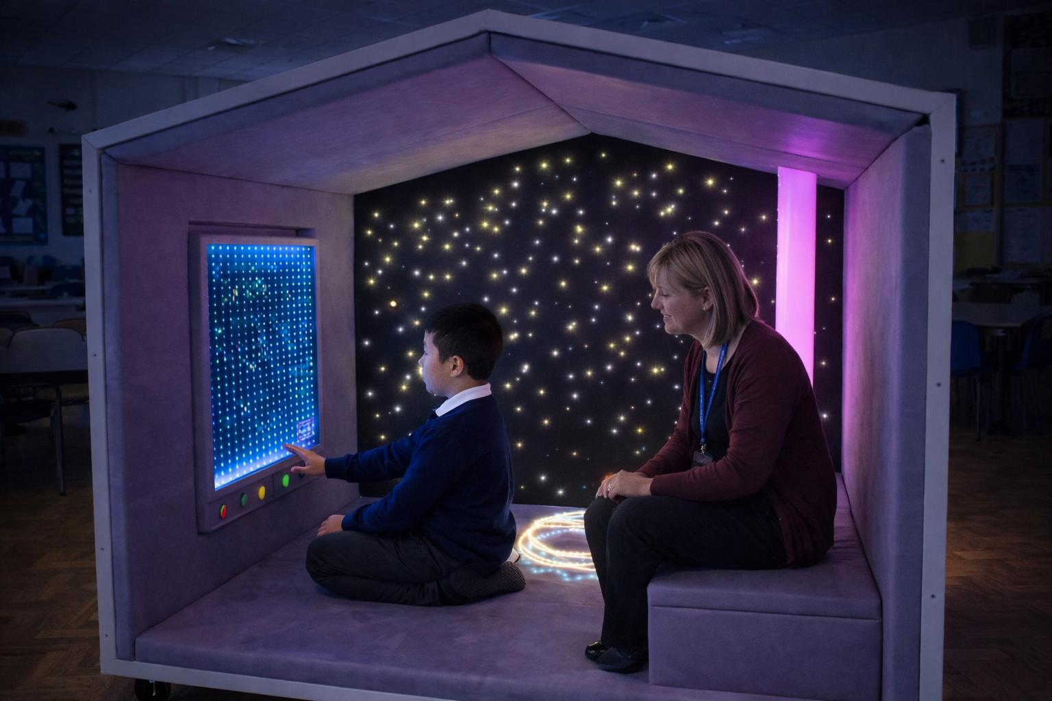 A teacher and a student are inside the sensory pod, looking at the interactive features.