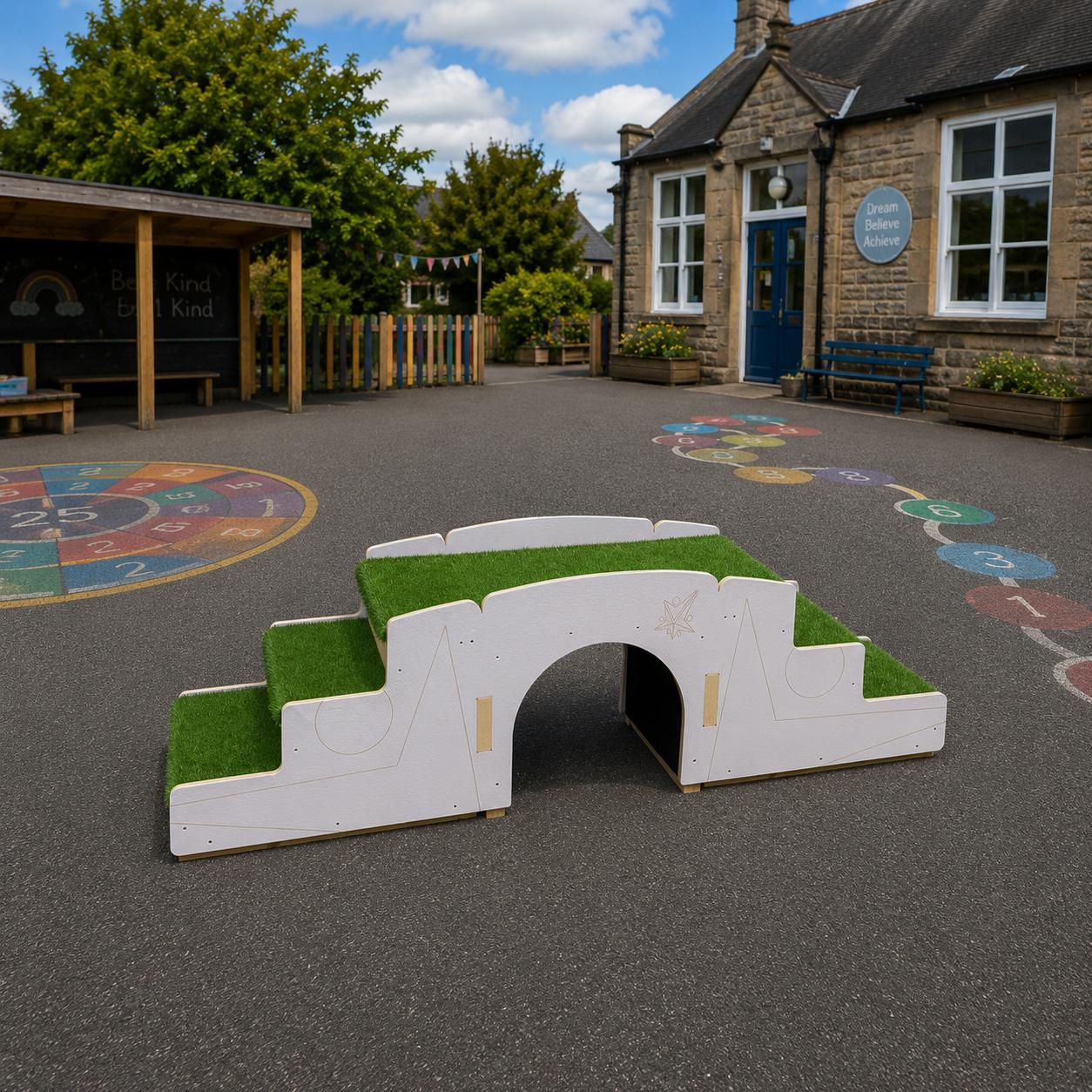 A 3D visualisation of the Up and Under - Stair and Stair set, connected together to form a bridge on a playground.