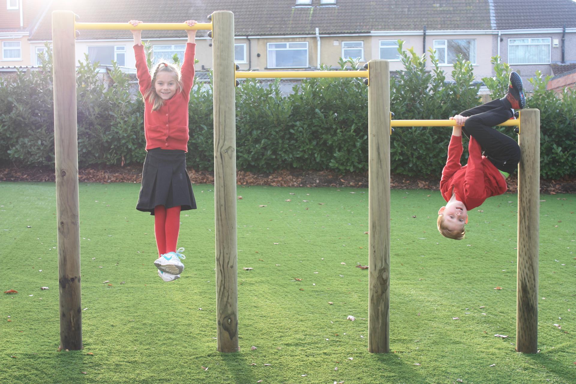 Forest pull up bars wooden trim trail for children