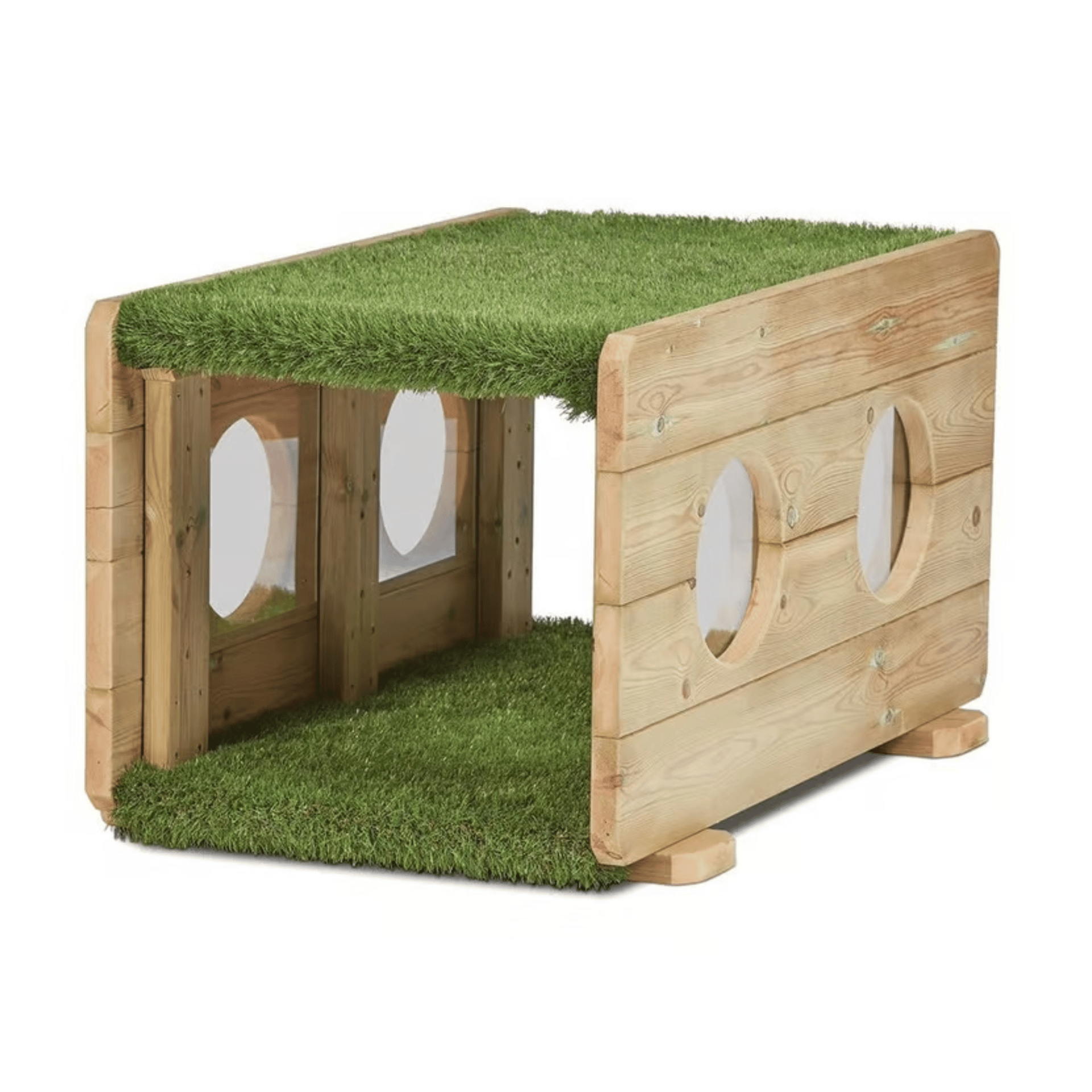 millhouse outdoor wooden panel block with artificial grass on top and perspex windows
