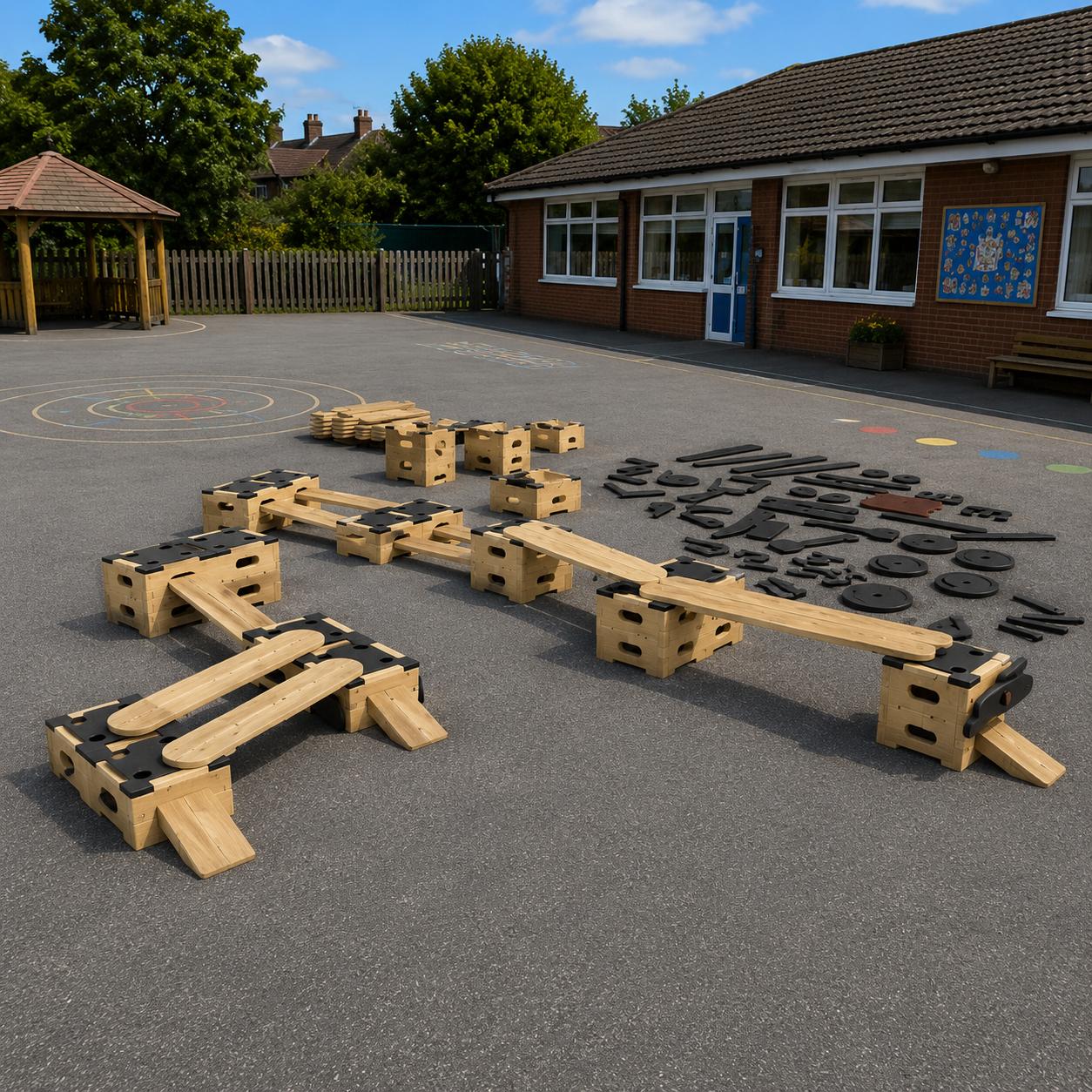 A set of the Play Builder Role Play Set, laid out on a playground.