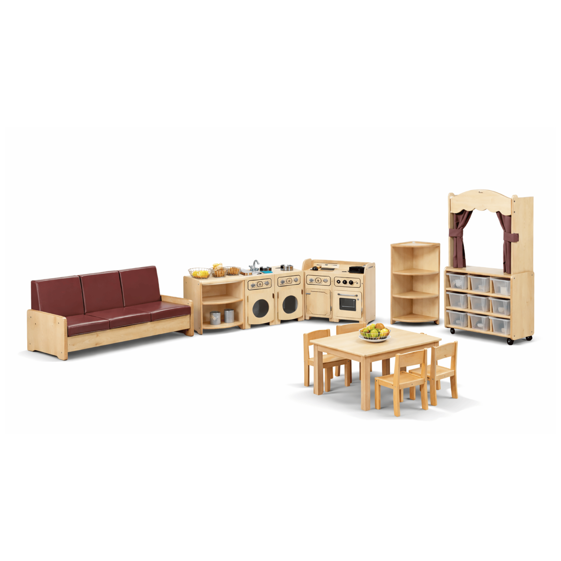 A 3D visualisation Millhouse Home Zone With Clear Tubs and Taupe Curtains.