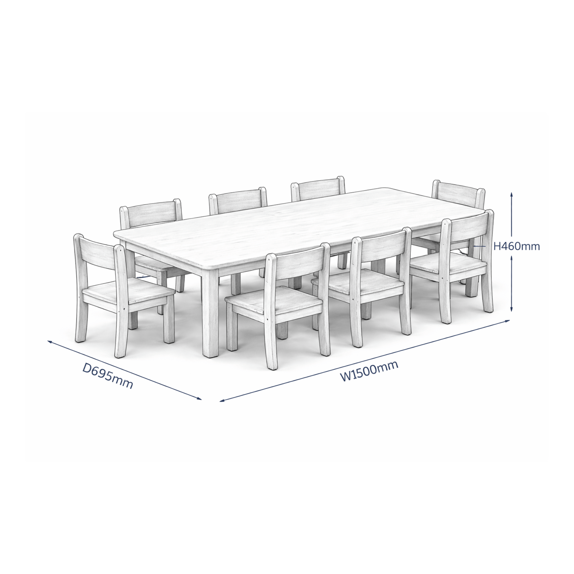 A 2D Drawing of the Millhouse Large Rectangular Table + 8 Beech Stacking Chairs (H260mm).