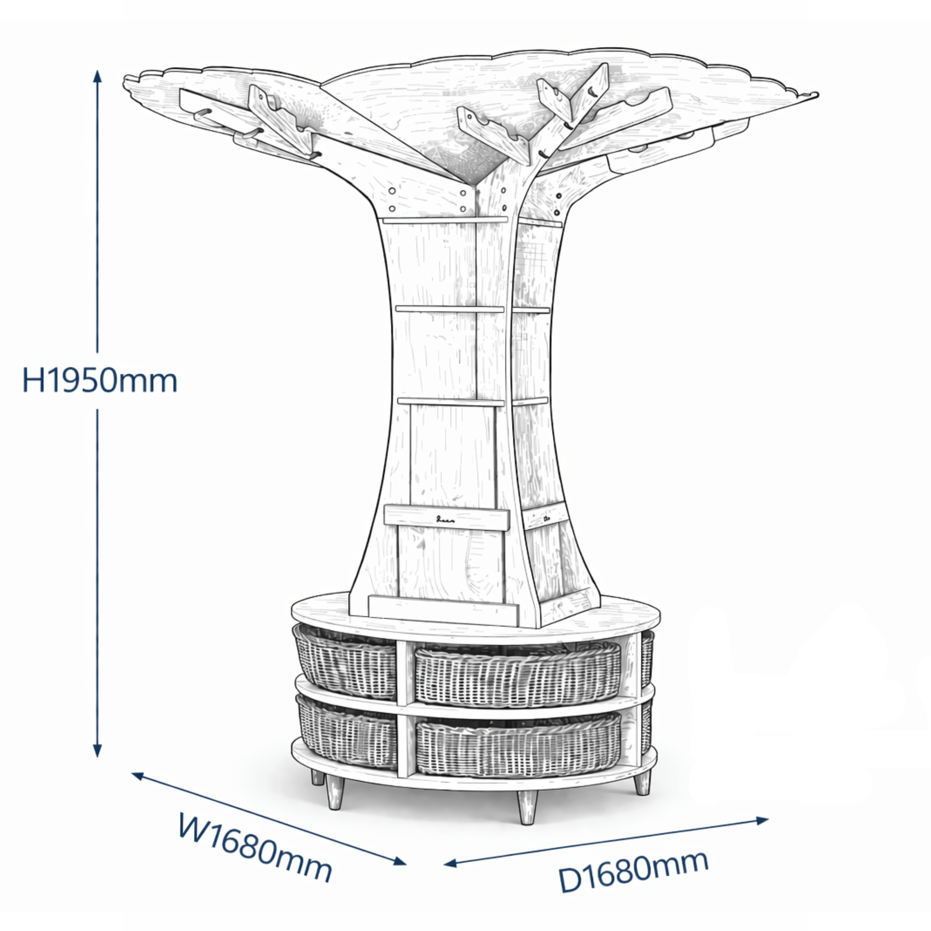 A 2D drawing of the Millhouse Natural Story Tree, with measurements listed.