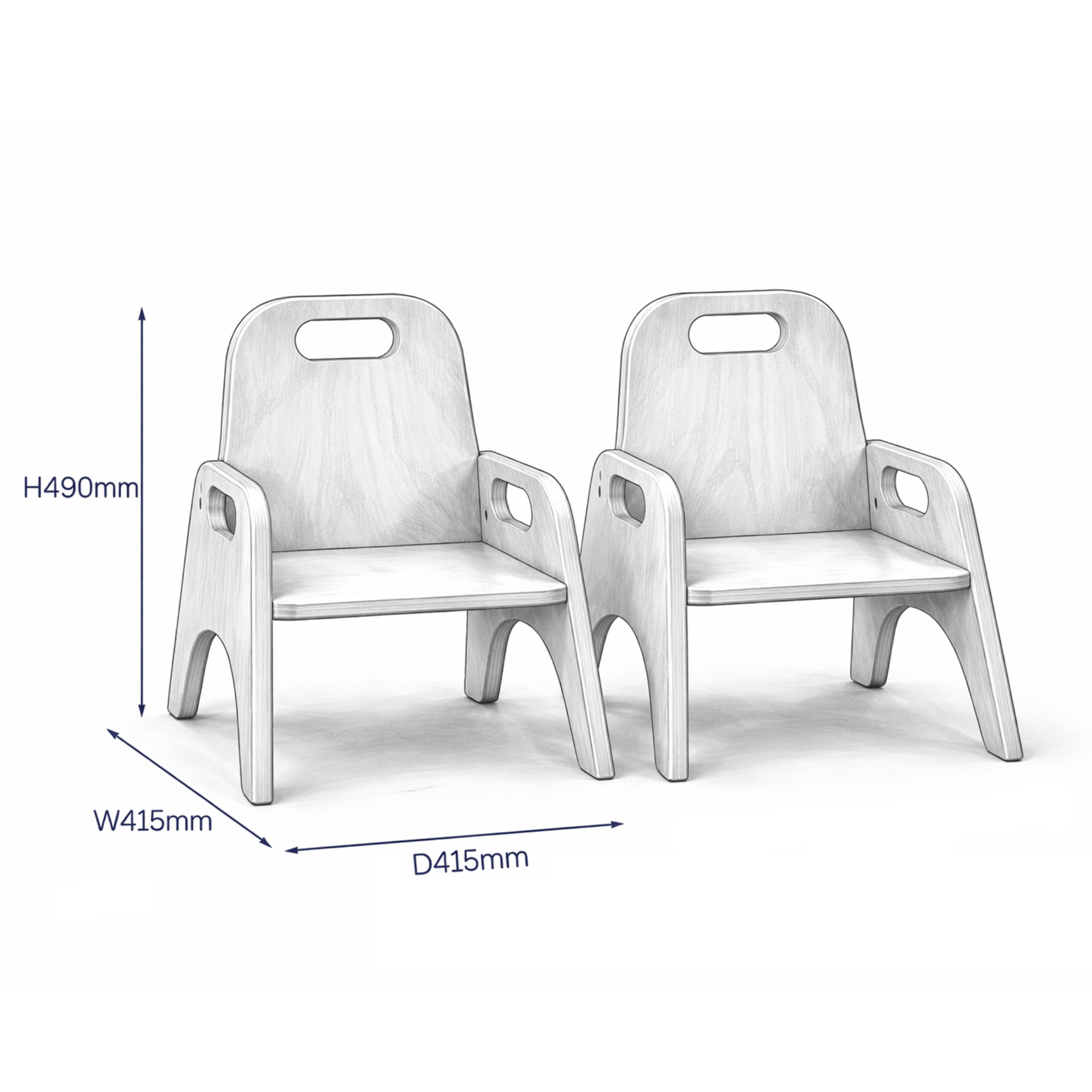 A 2D drawing of the Millhouse Sturdy Chairs - Pack of 2 (Seat H200mm), showcasing the measurements beside the drawing.