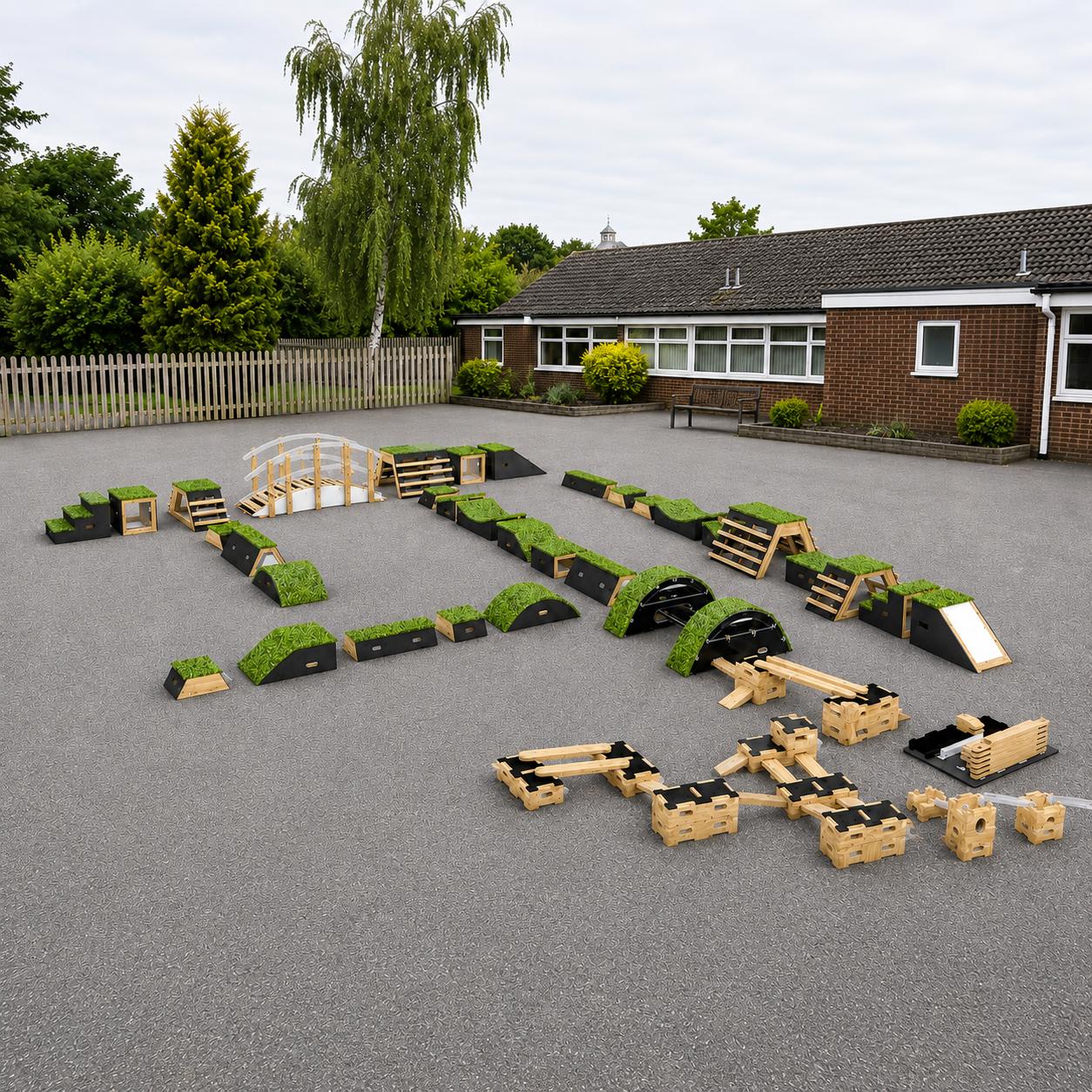 A 3D Visualisation that showcases the included pieces in the Sports Premium Dynamic Discovery Package on a school playground.