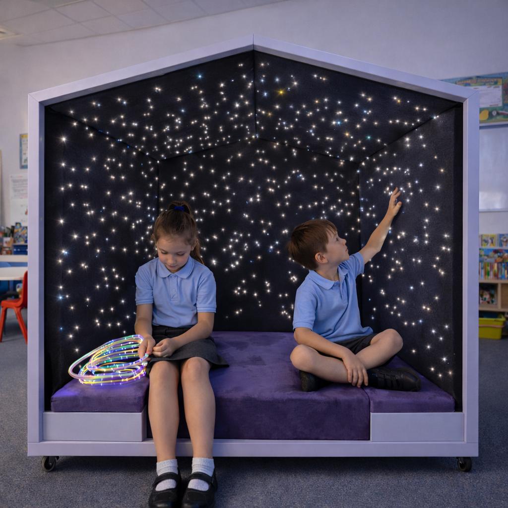 Two children are sat inside the Sensory Nook Retreat, looking at the lights and feeling the materials.