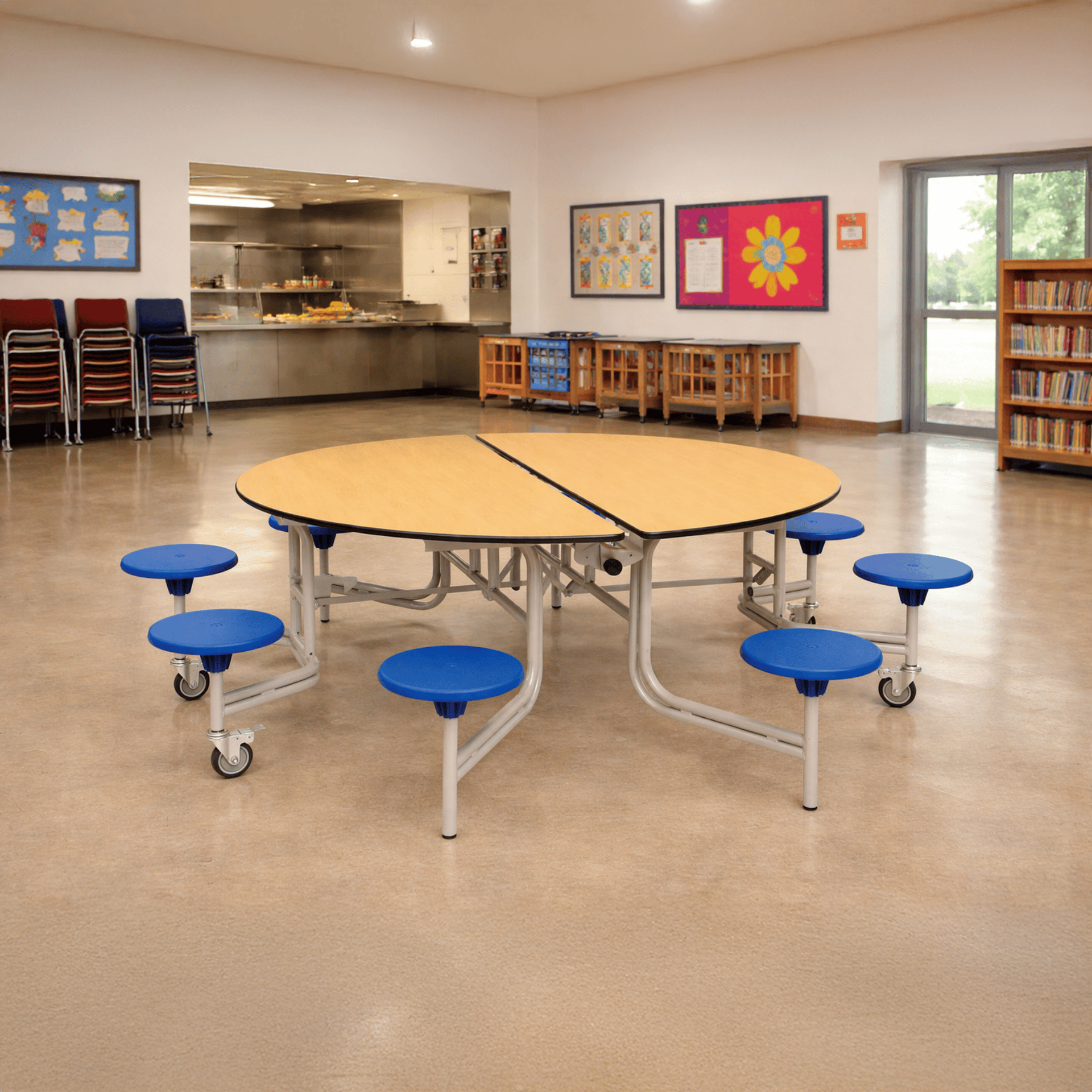 A Spaceright 8 seater table that has been placed within a school canteen.