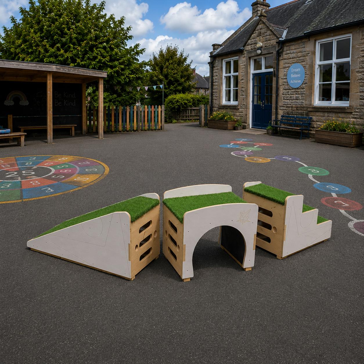 Up and Under Blocks Ramp and Stairs 3d render on a playground.