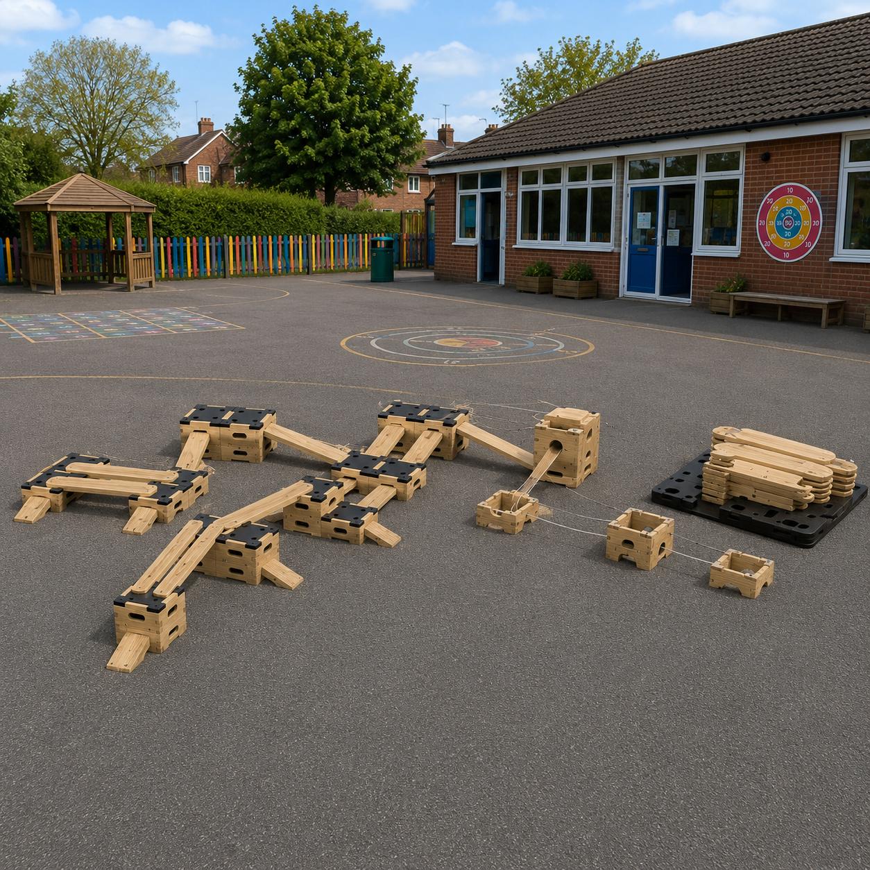 A 3d visualisation showcasing an obstacle course that can be created from the Play Builder Engineer Set on a playground.
