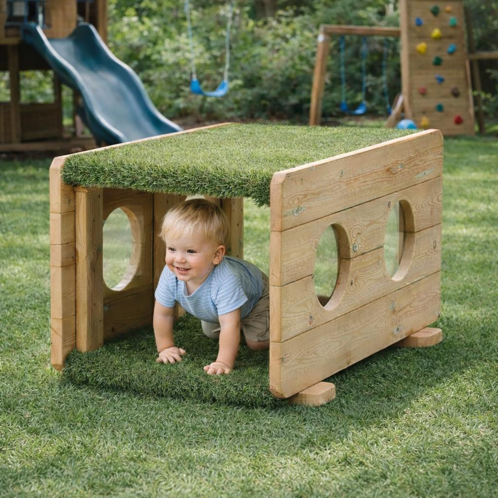 Child crawling through millhouse outdoor wooden panel block.