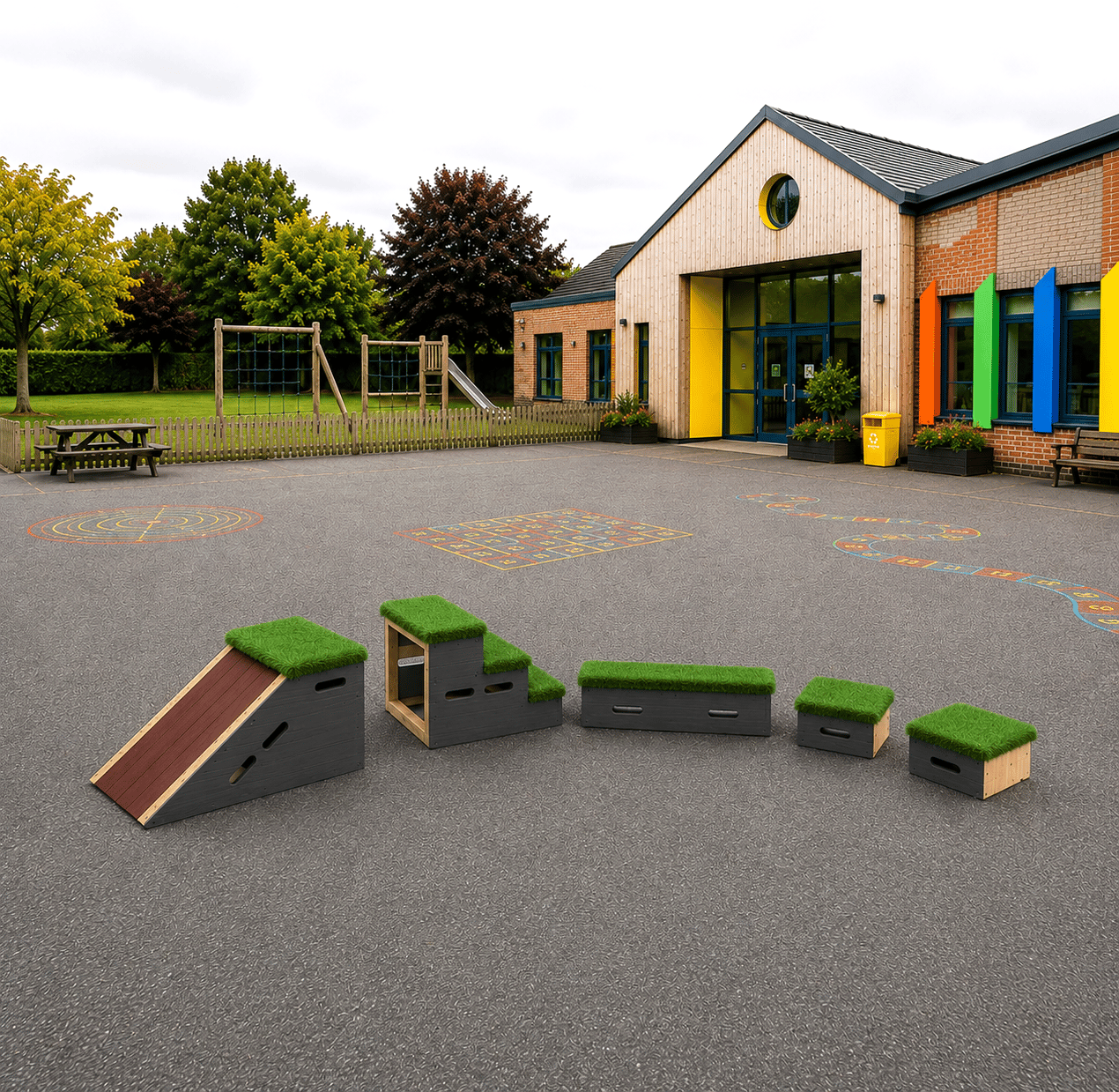 A render image of grass-topped Get Set, Go! Blocks - The Chilterns Set.