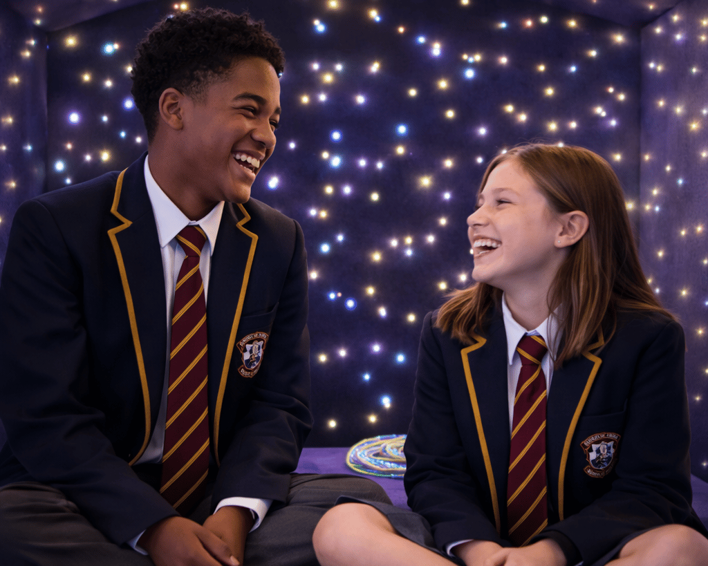 Two high school children are laughing with each other, whilst they are sat inside the Sensory Nook Retreat.