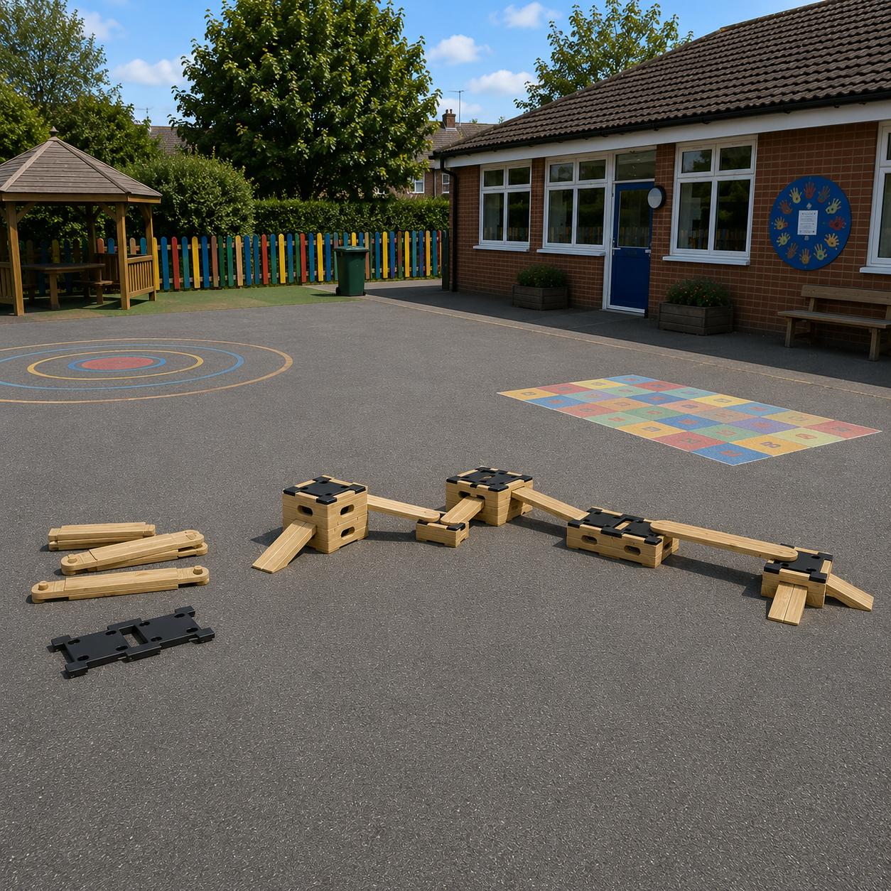 A 3D render showing the contents of the Play Builder Technician Set on a playground.