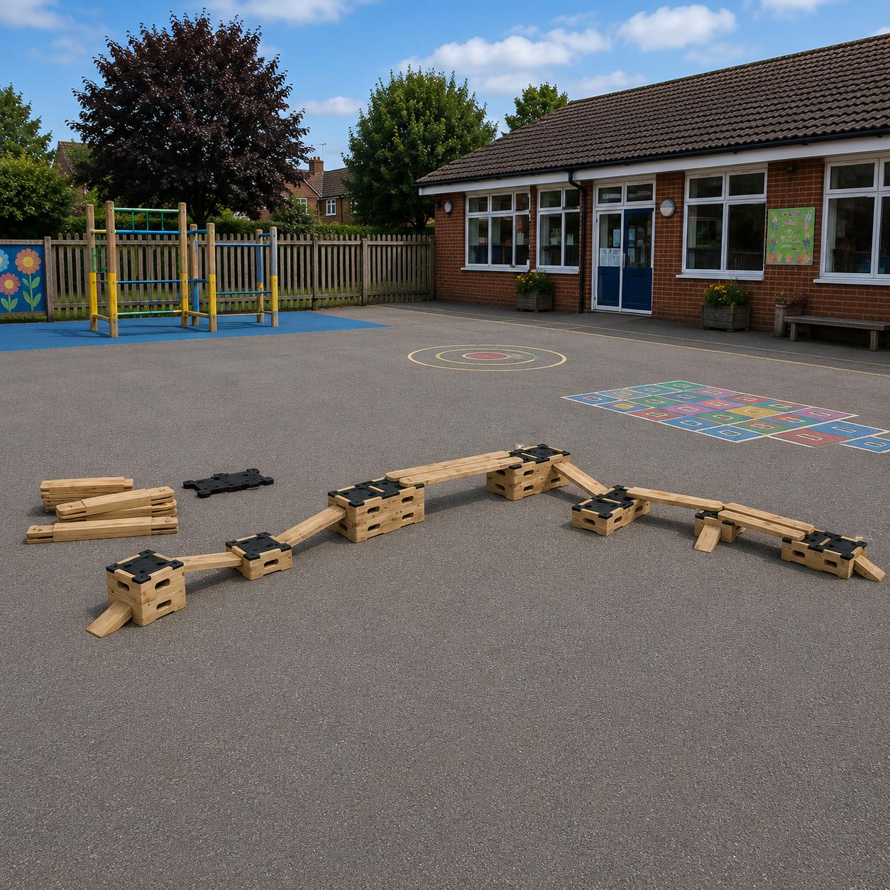 A 3D visualisation showcasing an example of what type of course can be made from the Play Builder Architect set on a playground.