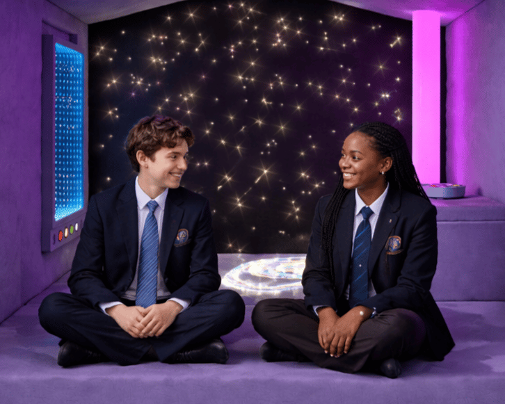 Two high school children are sat inside the Sensory Nook, talking to each other.