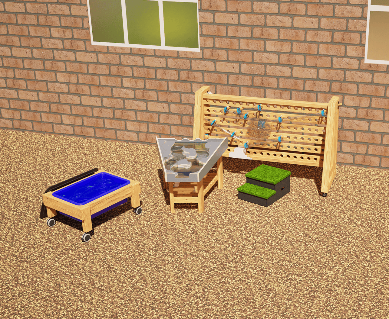 moveable water wall with water damming package render. Including the moveable water wall with grass topped steps, damming station and water table on wheels