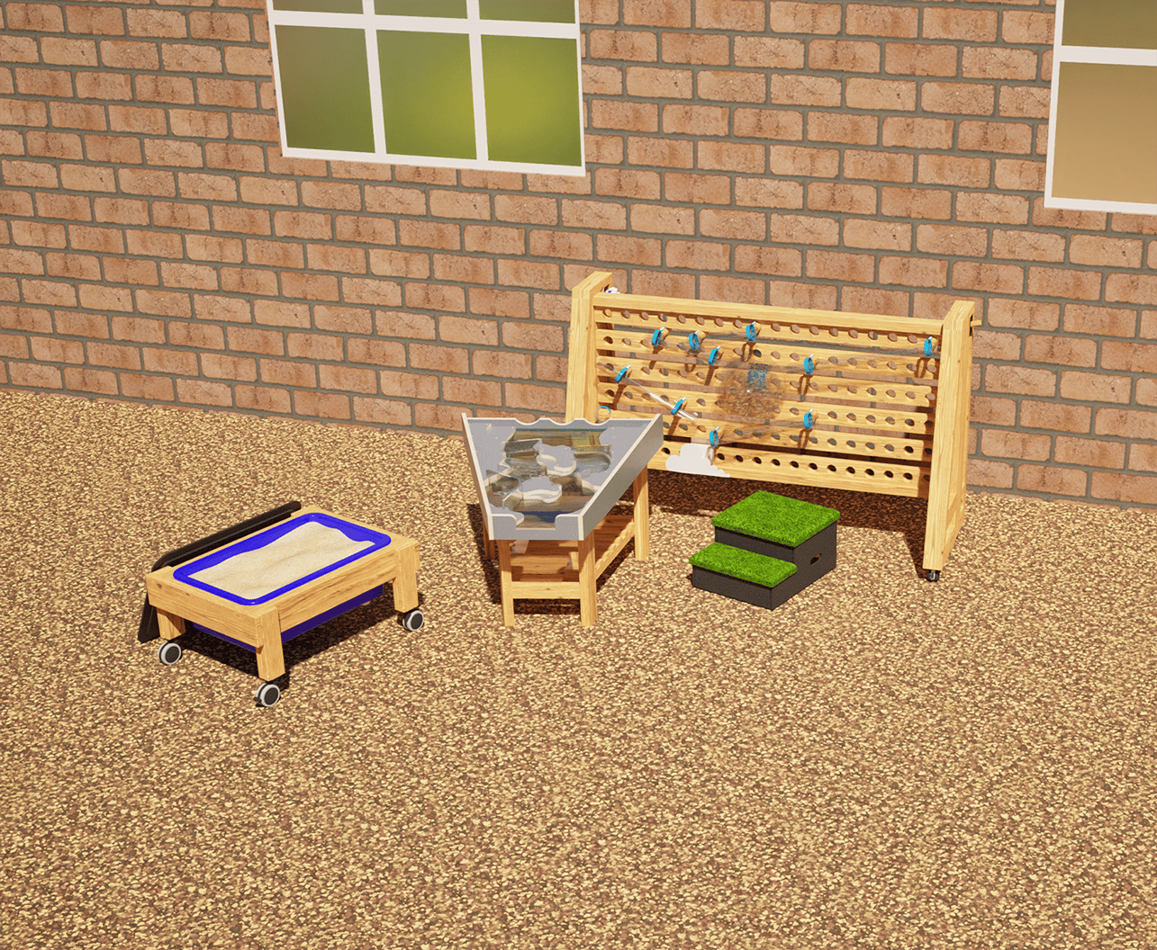 moveable water wall with sand damming package render including the moveable water wall with grass topped steps, damming station and sand box on wheels