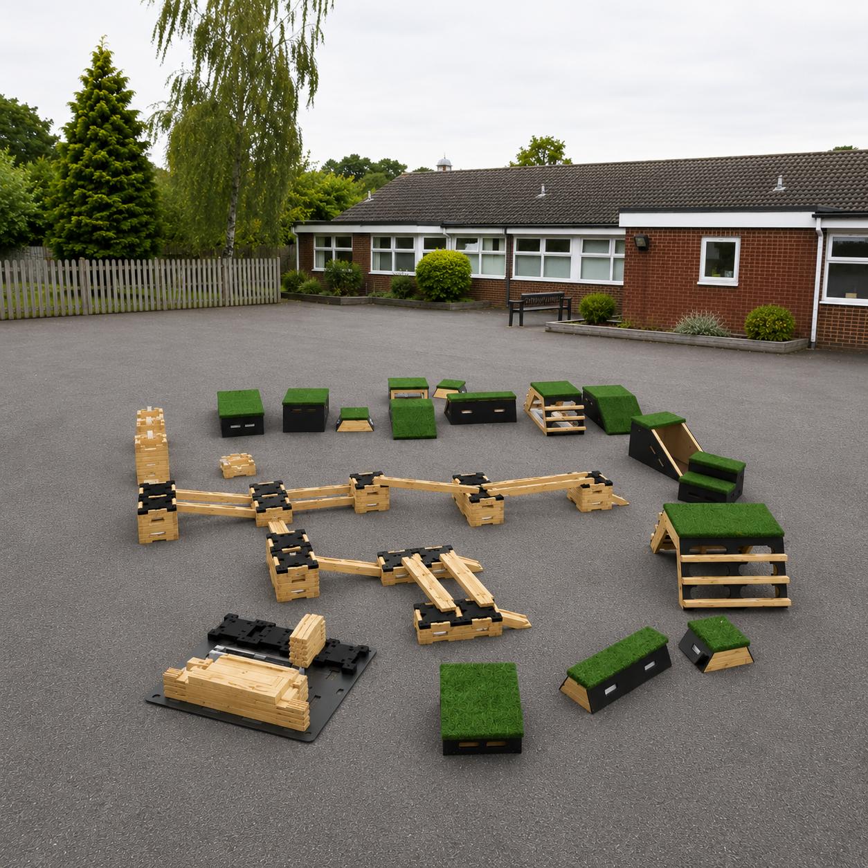 A render of the Sports Premium Discoverer package placed on a school playground.
