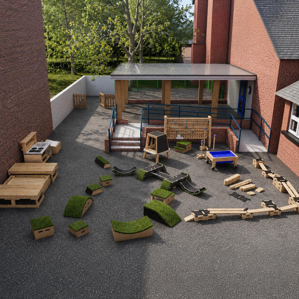 An image of the EYFS Freestanding Package placed on a tarmac playground, beside a school.