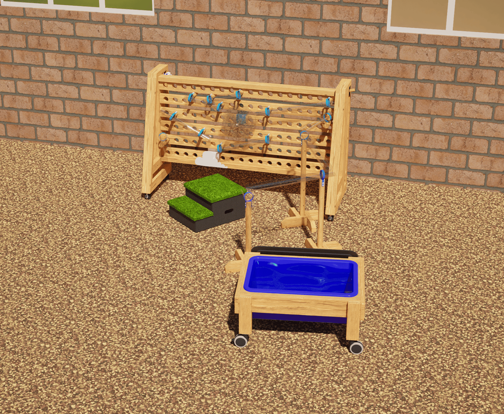 Moveable Water Wall with Water Play Package render including the moveable water wall with grass topped steps, water channels and the water table on wheels