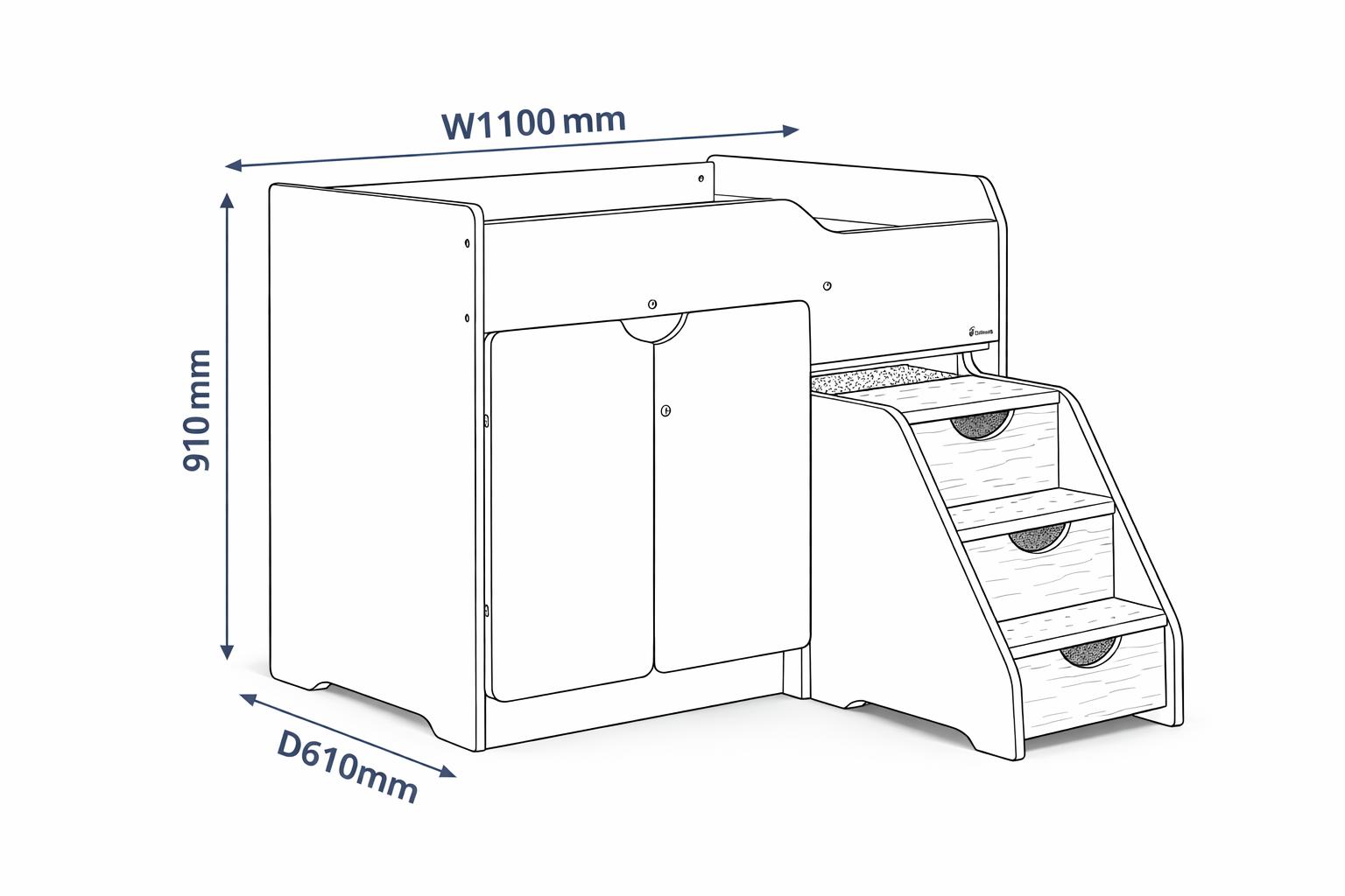A 2D drawing of the Millhouse Stepped Baby Changing Unit, with measurements listed.
