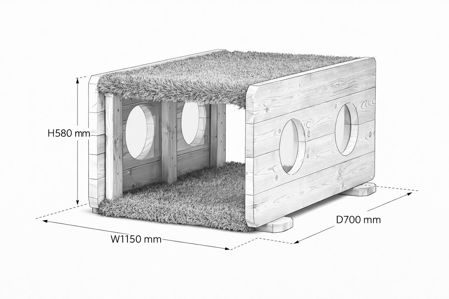 A 2D drawing of the Millhouse Under 2 Crawl Tunnel, with measurements beside it.