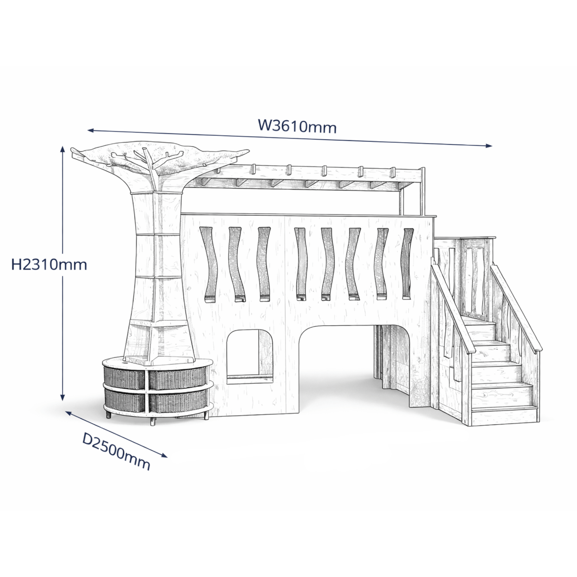 A 2D drawing of the Millhouse Treehouse Loft, with the measurements listed beside it.