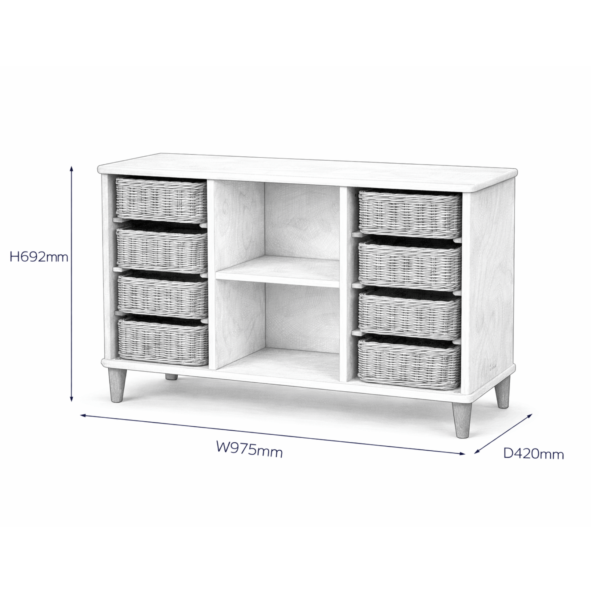 A 2D drawing of the Millhouse White Storage Unit, with measurements listed beside the relevant parts of the product.