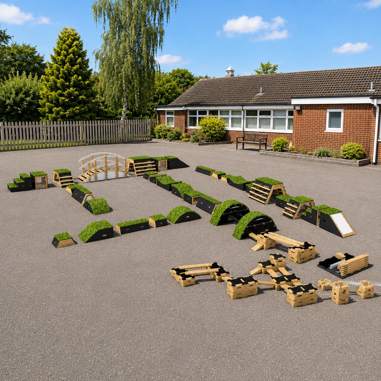 A 3D Visualisation that showcases the included pieces in the Sports Premium Dynamic Discovery Package on a school playground.