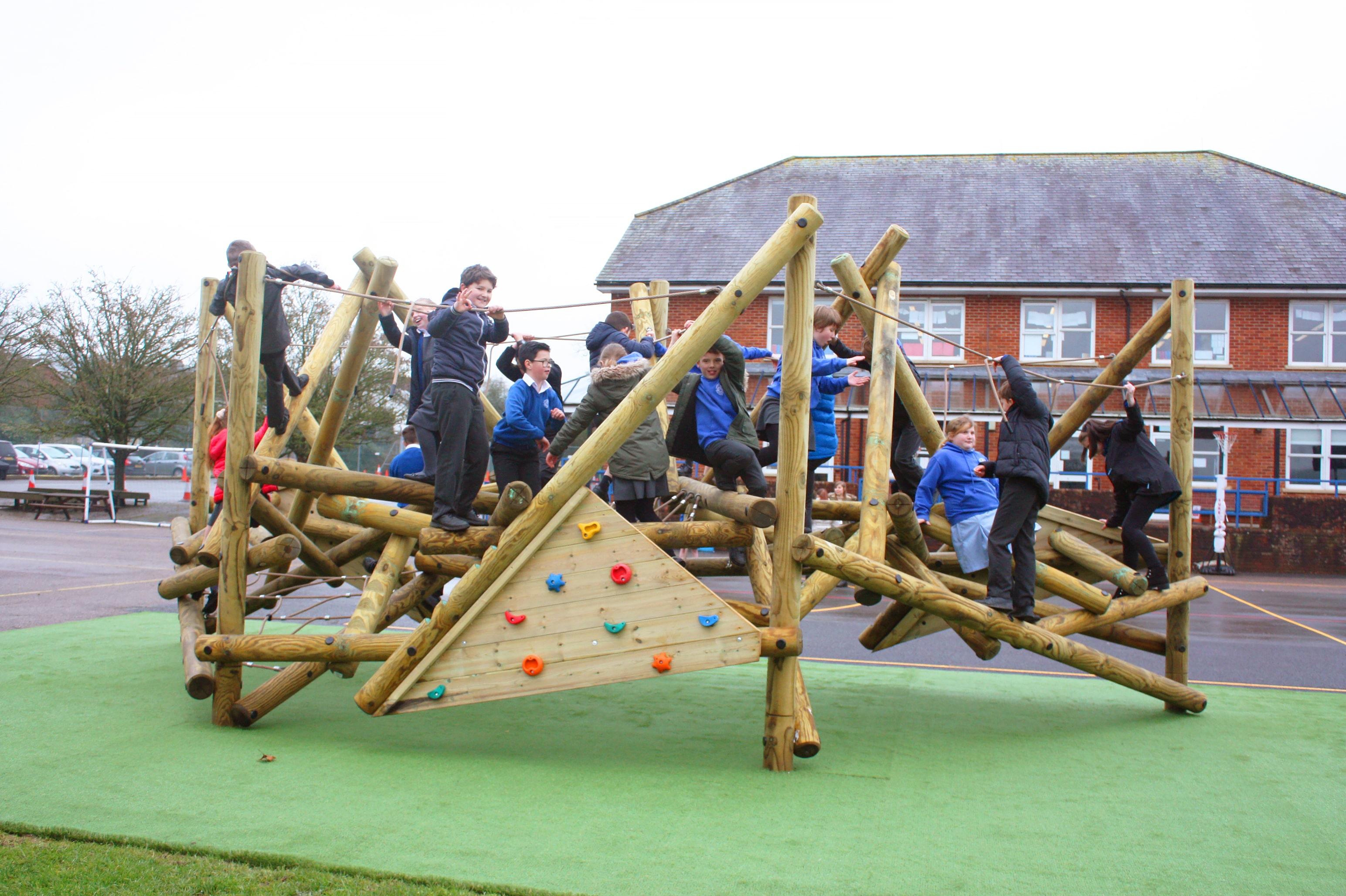 The Crinkle Crags Climber with Platform and Climbing Net installed on the school playground.
