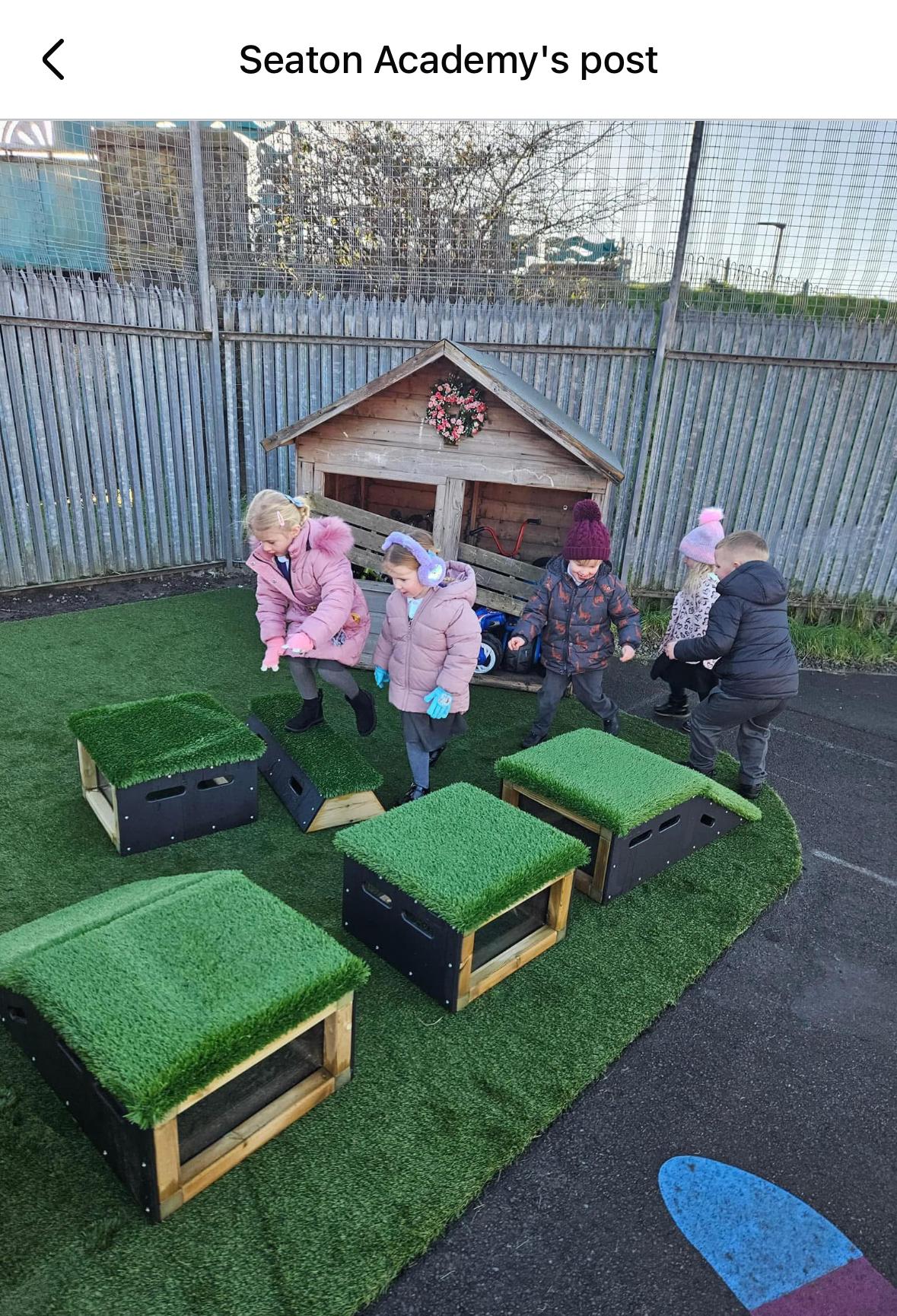 Three children have created an obstacle course from Cheviot Blocks from the Get Set Go range.