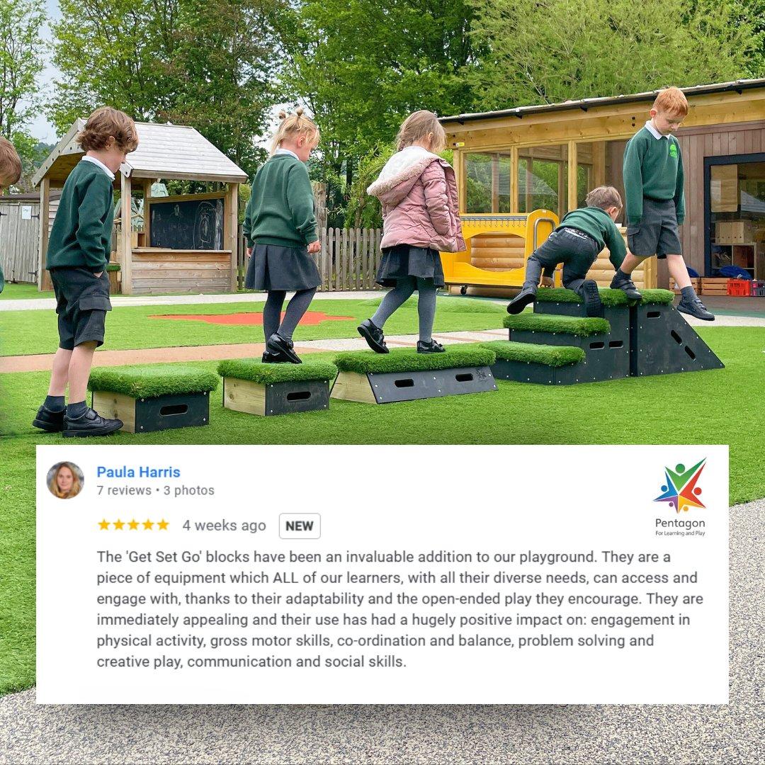 A review left by Paula Harris explaining how the Get Set Go Blocks have made a huge difference to her playground, whilst an image of children playing on the active play blocks is above it.