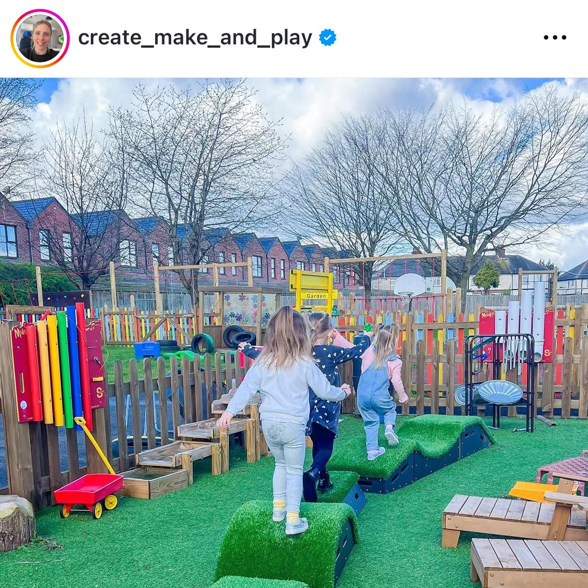 Three children are tackling an obstacle course that has been made from the Get Set Go Blocks from the Cheviot set.
