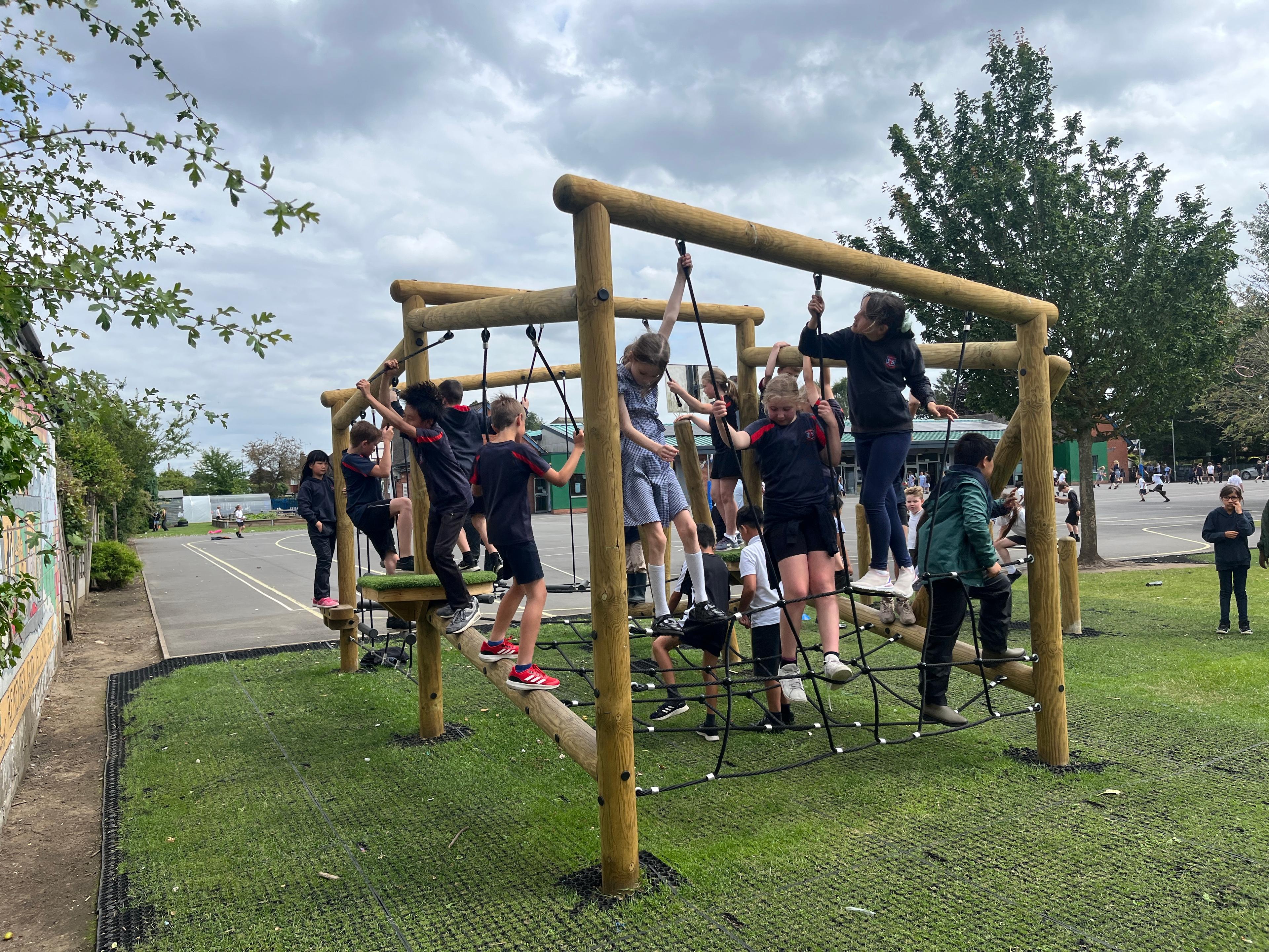 A group of children climbing on the Delamere Forest Circuit