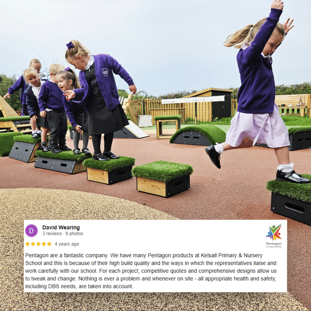 A review left by David Wearing that talks about how good Pentagon Play are whilst an image of children playing on Get Set Go Blocks is shown.