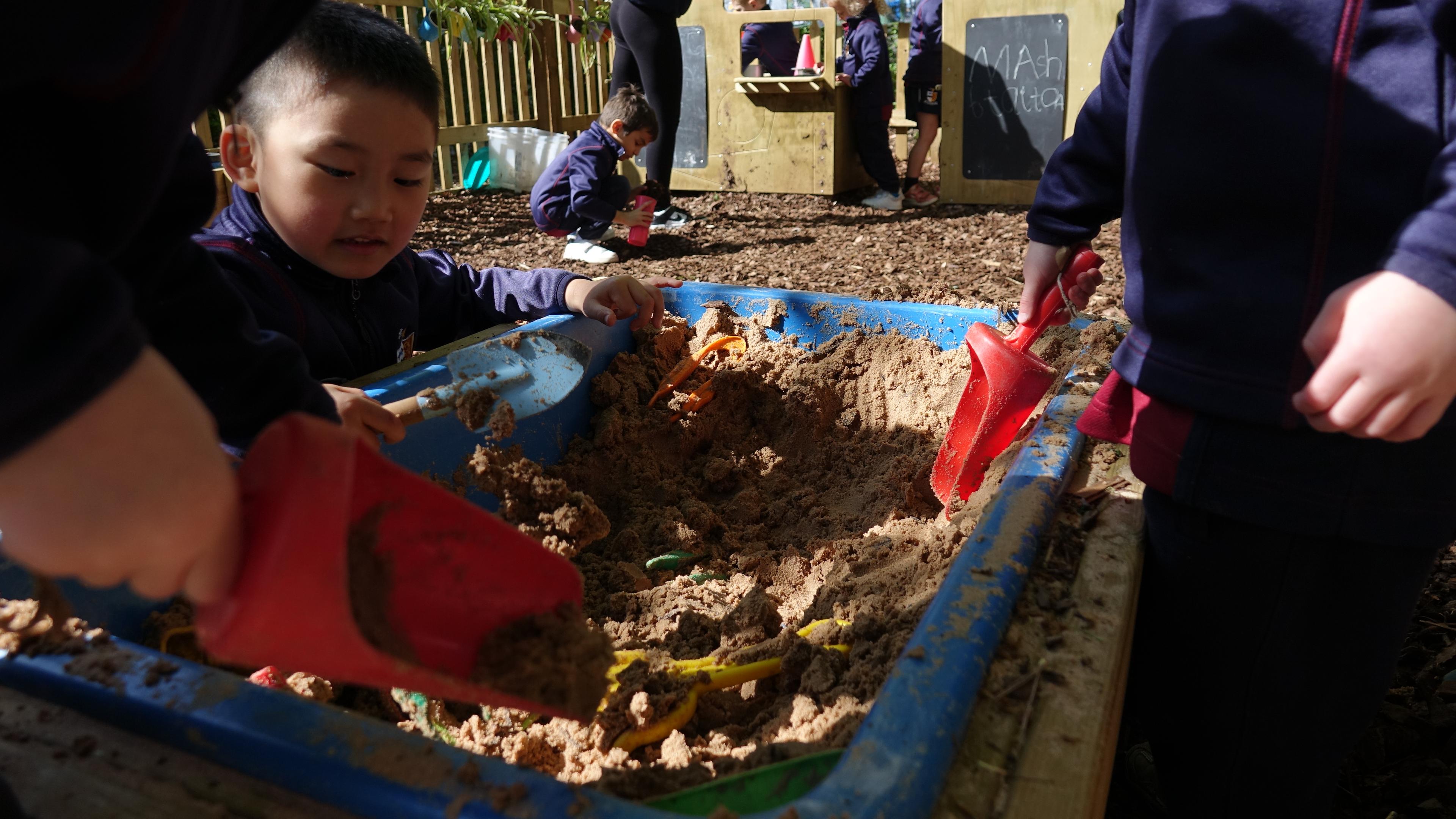 A group of children are digging up sand in a sand pit and transporting it around.