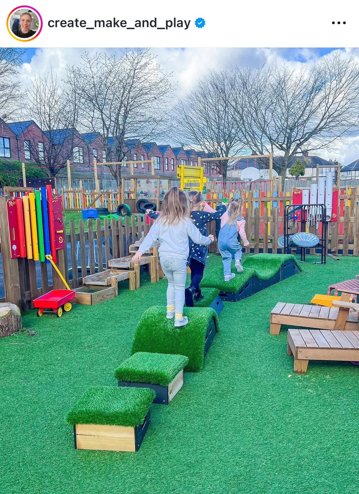 Three children are tackling an obstacle course that has been made from the Get Set Go Blocks from the Cheviot set.