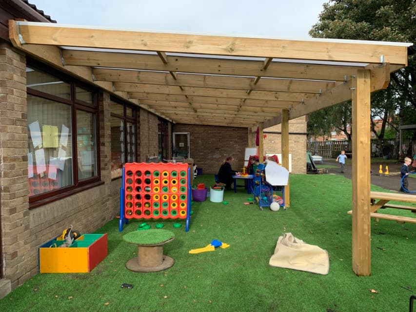 A timber canopy that is connected to the side of a school. The surface beneath it is artificial grass and has a variety of resources scattered around.