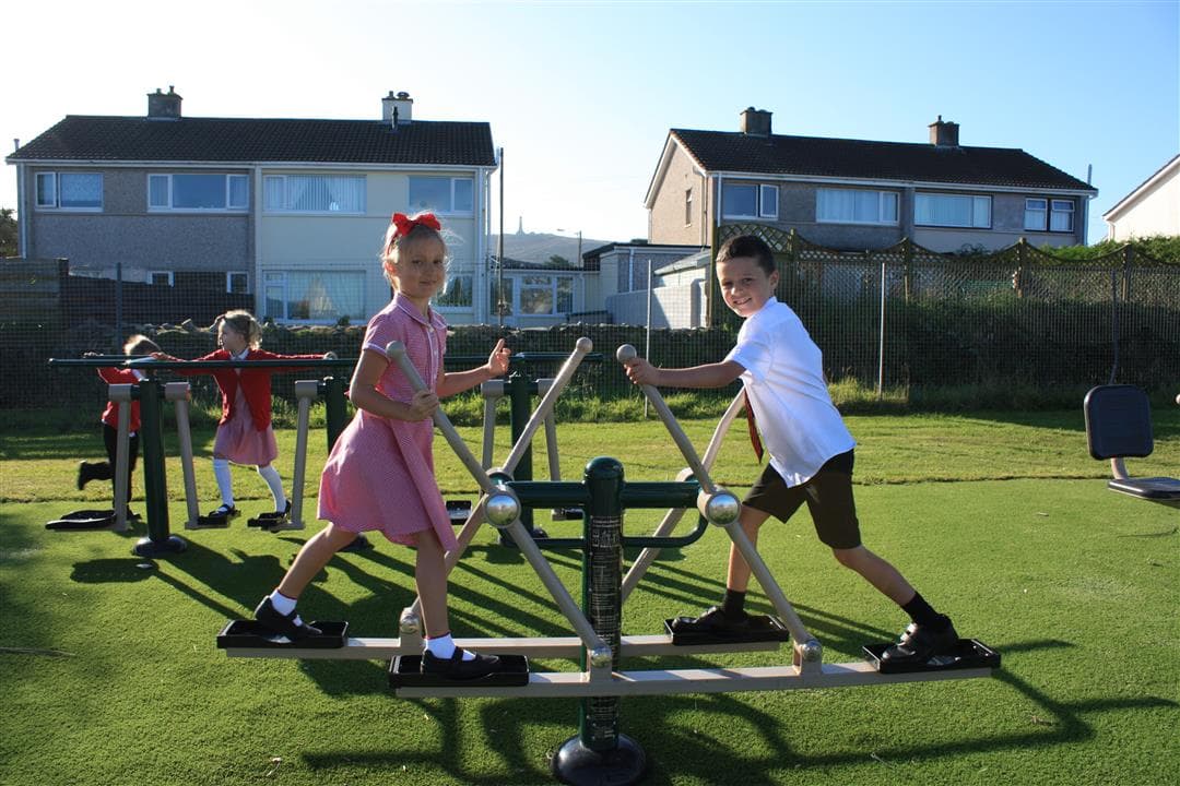 2 children playing on their cross country outdoor gym equipment. 2 young children are in the background playing.