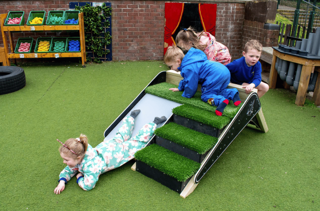 A Pentagon Play bespoke School Playground Scheme with children playing on the playground