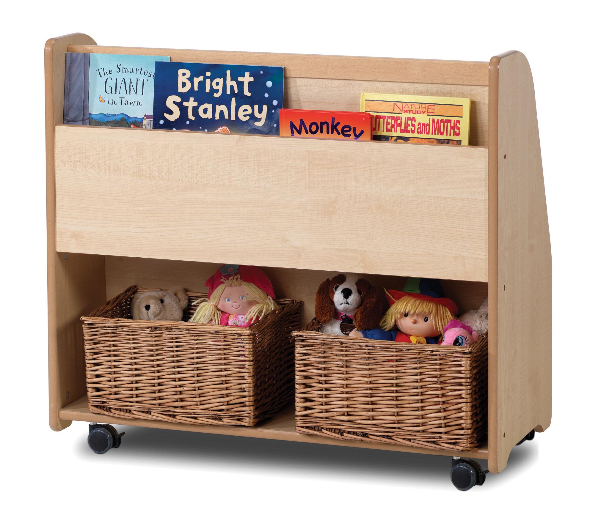 A wooden Mobile Tall Book Display with books in it, on a white background.