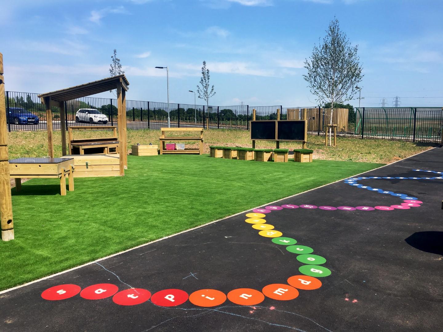 A wiggly line of thermoplastic circles with random letters on each one. There are 26 circles in total, with a variety of different colours. It is next to an artificial grass surface.