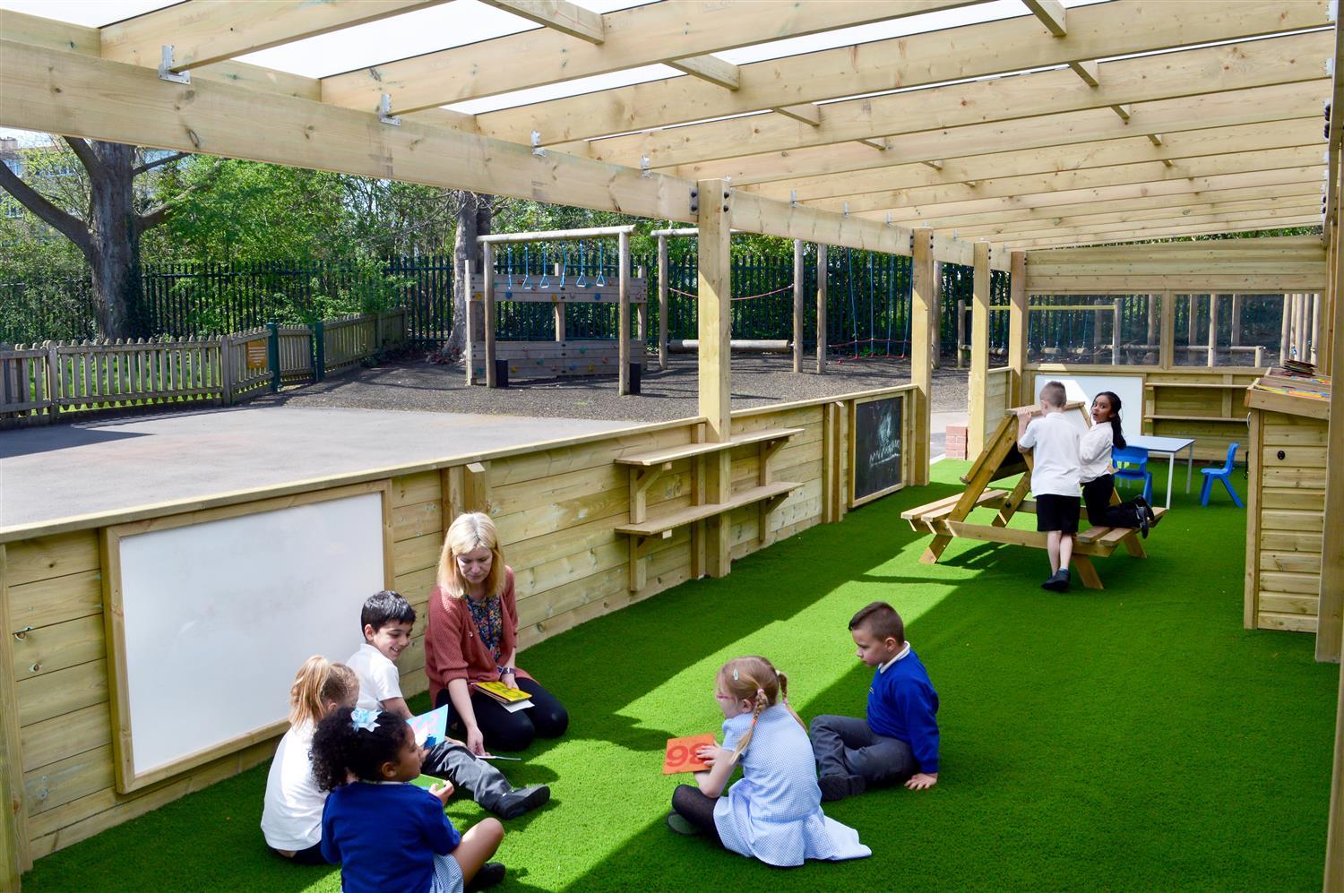 artificial grass installed underneath a wooden canopy, with 5 children sat down around a teacher. 2 children can be seen at the back at a EYFS picnic table.