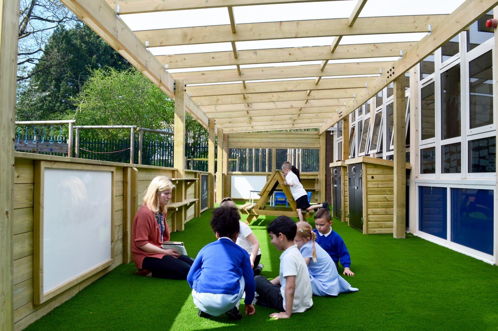 A group of children are sat on artificial grass and are listening to a teacher. A timber canopy covers the top of them, providing them shade from the sun. A variety of outdoor play equipment can be seen in the background, with a whiteboard present next to the teacher.