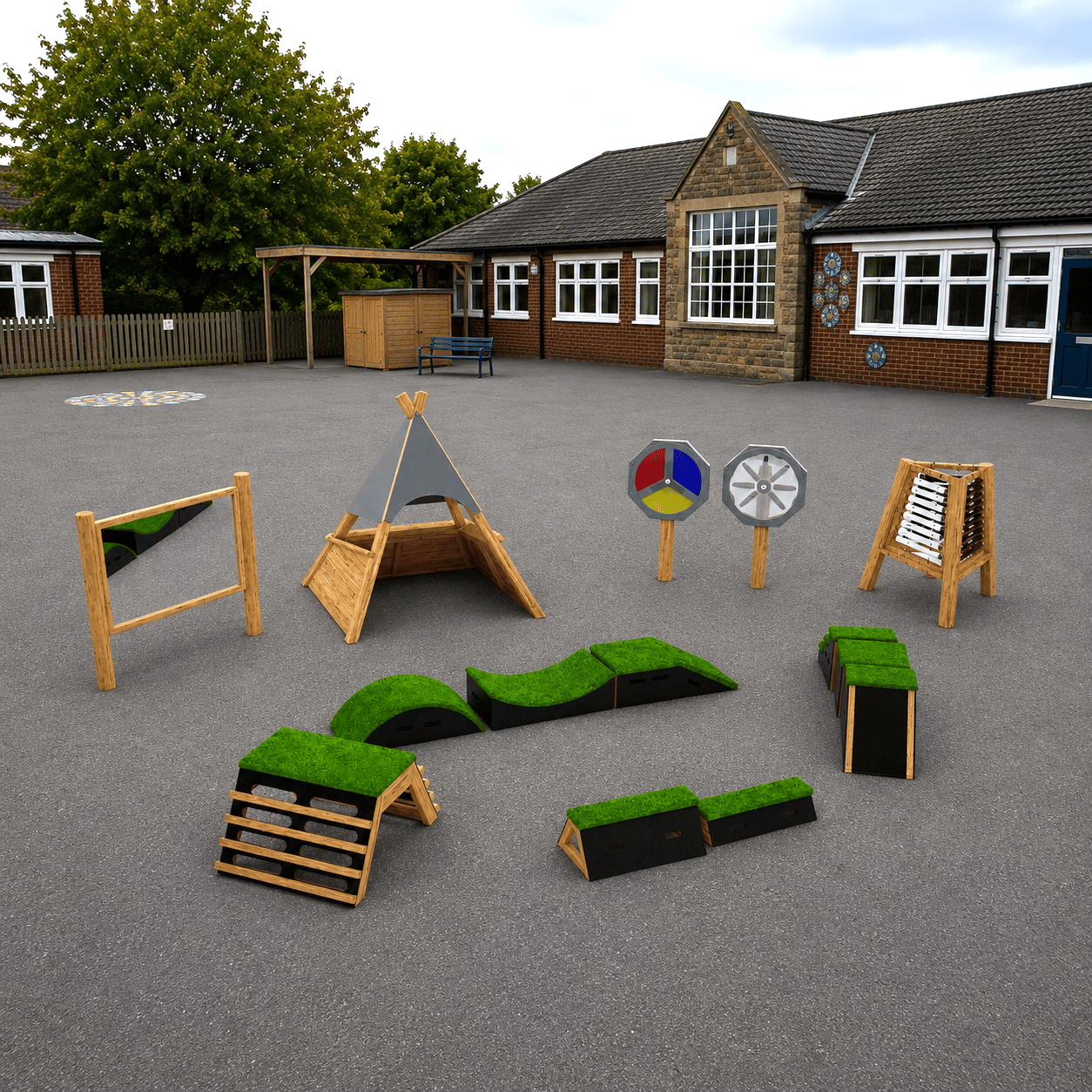 A 3D visualisation of the Sensory Regulation Package on a tarmac playground.